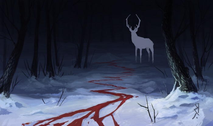 Fantasy art of a deer in a snowy forest with blood