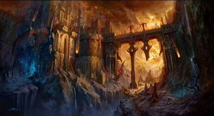 Fantasy castle with dragons and a battle