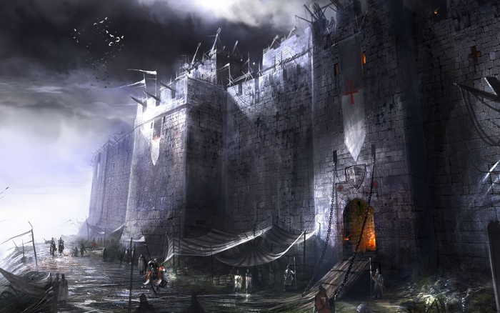 Medieval castle with knights and banners