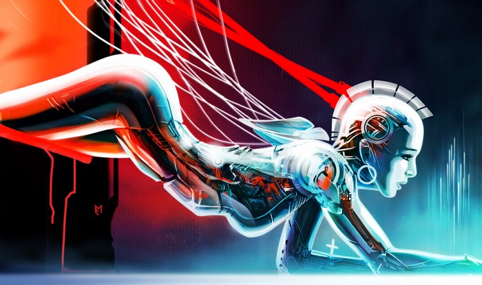 Cyborg woman with red wires and blue light