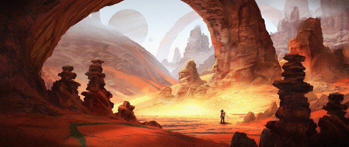 Fantasy art of a desert planet landscape
