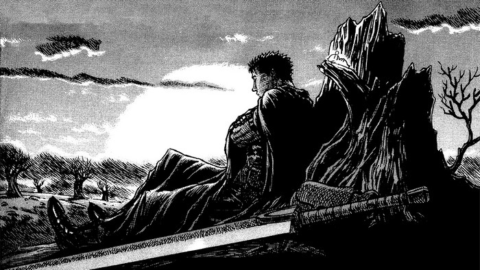 Guts the warrior sitting against a tree stump at sunset