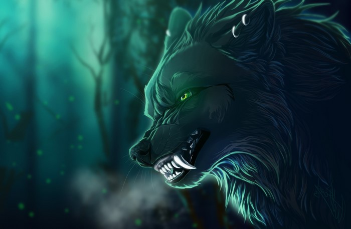 Fantasy art of a wolf in a forest