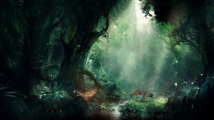 Fantasy forest with deer and butterflies