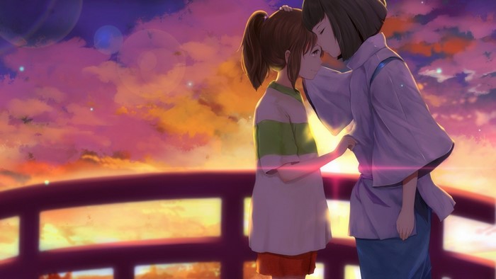 Chihiro and Haku from Spirited Away at sunset