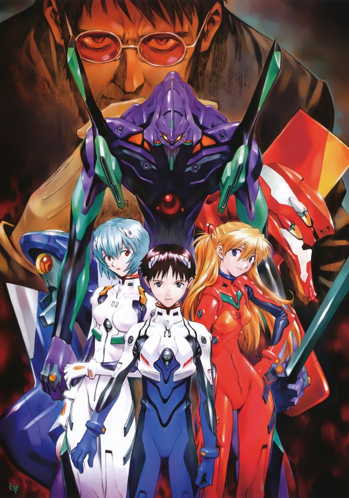 Neon Genesis Evangelion: Shinji, Rei, Asuka, and Gendo Ikari with Evas