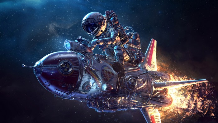 Astronaut riding a retrofuturistic spaceship in space