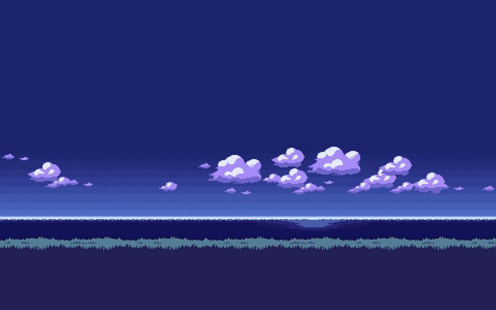 Pixel art ocean and clouds at dusk
