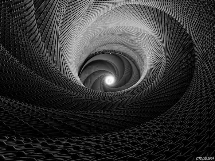 Abstract digital art of a black and white spiral tunnel