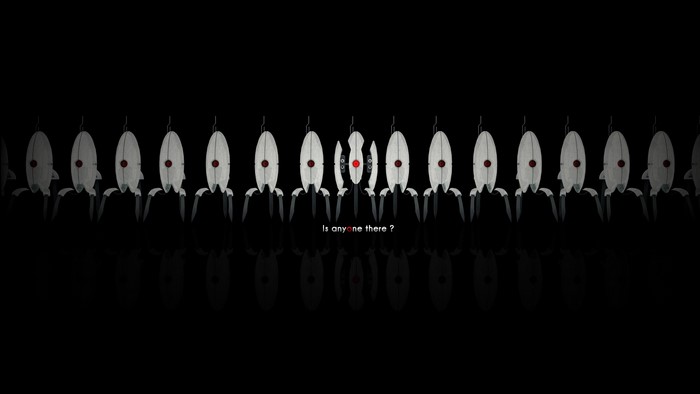 Portal 2 turrets in a line with text