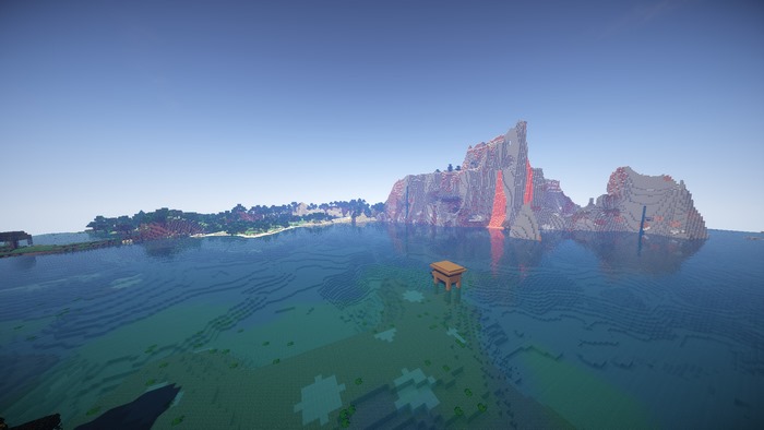Minecraft island with lava mountains and a small dock