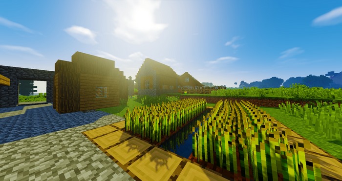 Minecraft village with wheat fields and shaders