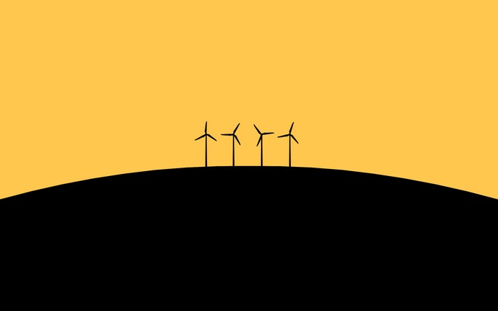 Minimalist black and yellow wind turbines on a hill