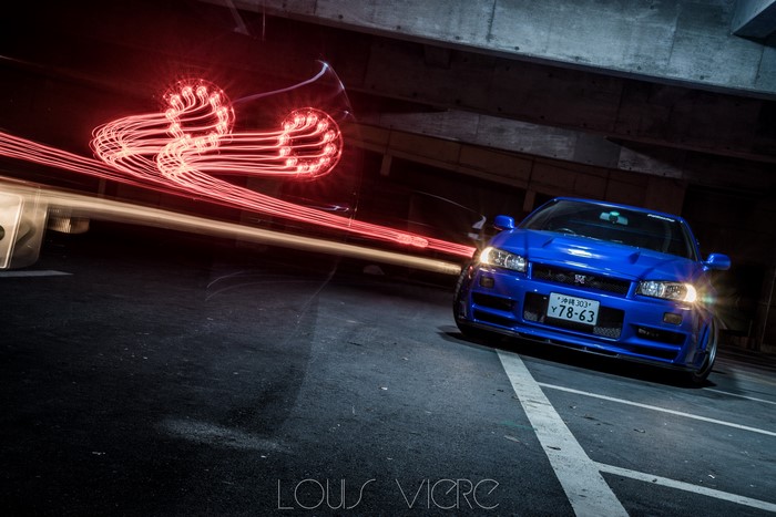Blue Nissan Skyline GT-R R34 with Light Trails