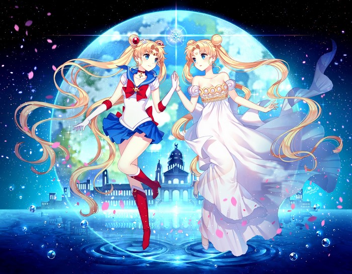 Sailor Moon and Anime Girls Under Moonlight