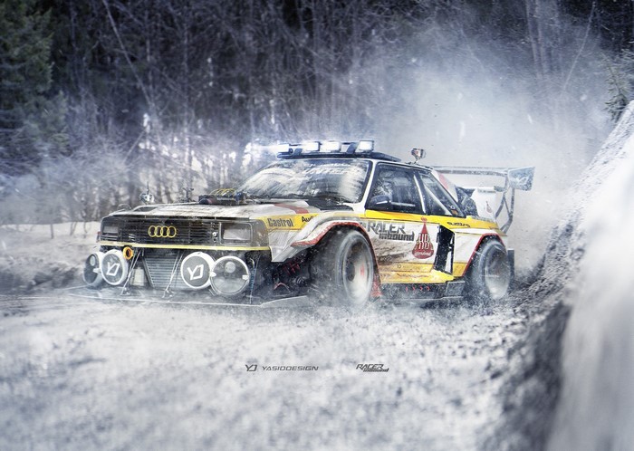 Audi Quattro Rally Car Racing in Snowy Forest