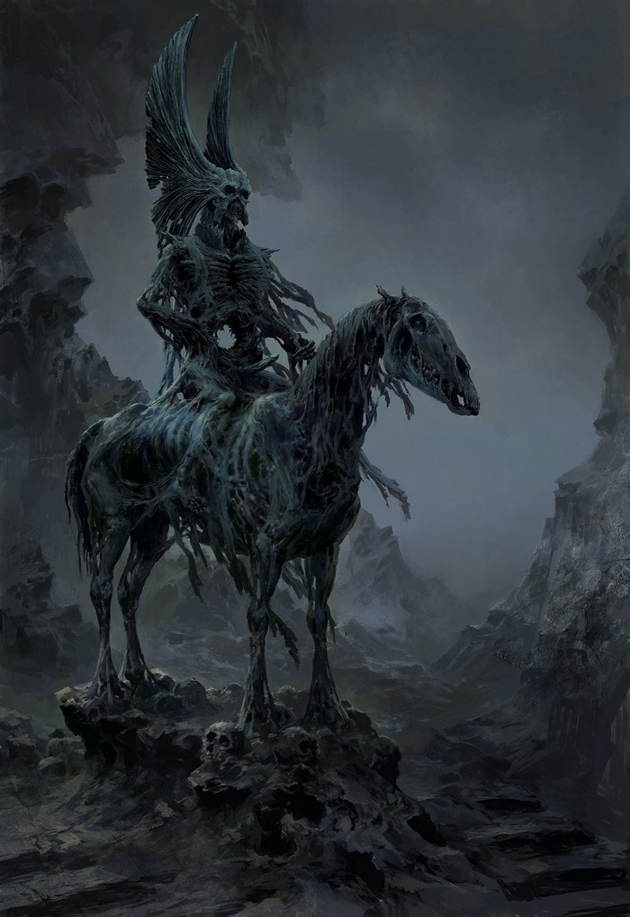 Undead rider on a skeletal horse in a dark fantasy landscape