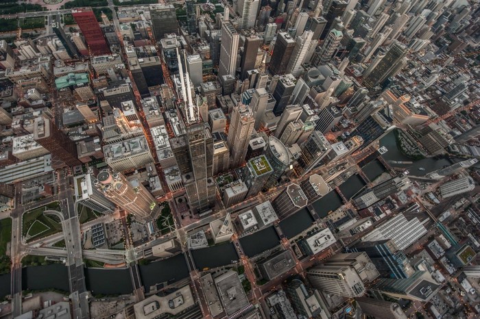 Aerial view of Chicago skyscrapers and cityscape