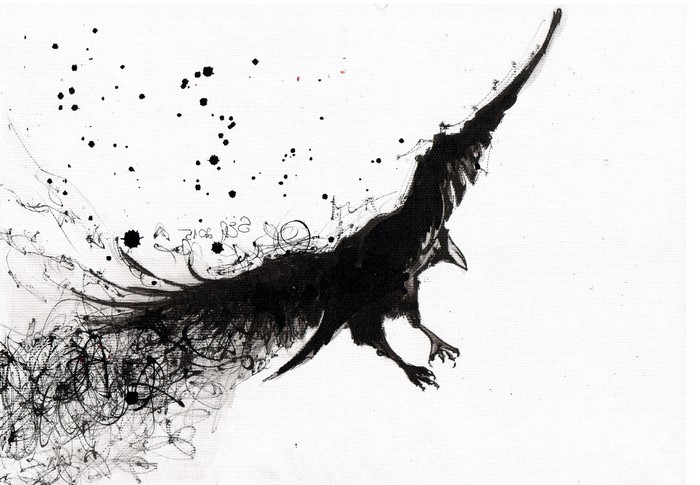 Monochrome ink painting of a raven in flight