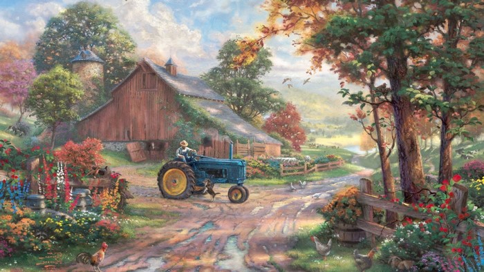 Thomas Kinkade Farm Scene with Tractor and Barn