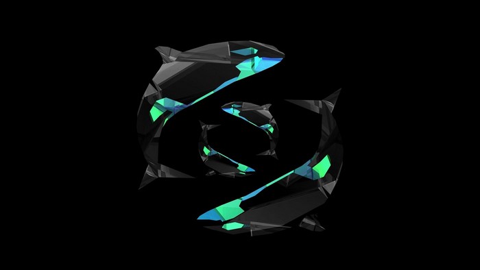 Low poly orcas in a circular formation on black background