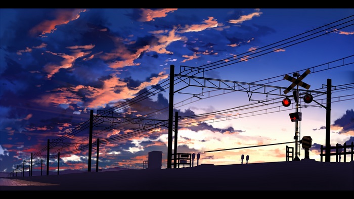 Anime train crossing at sunset with dramatic clouds