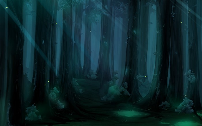 Dark forest with glowing lights and sunbeams