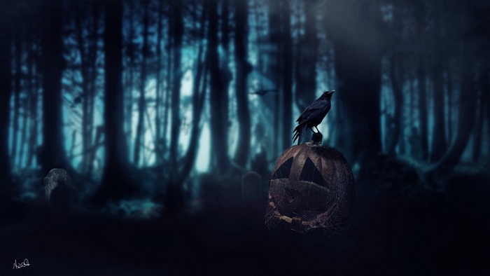 Crow on a Jack-o'-lantern in a dark forest