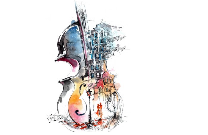 Artistic Watercolor Painting of a Cello with Cityscape