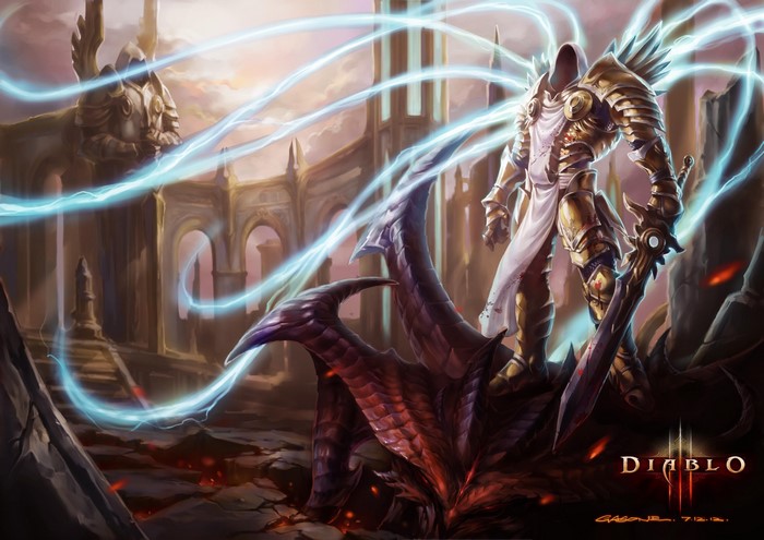 Tyrael from Diablo III standing on a dragon