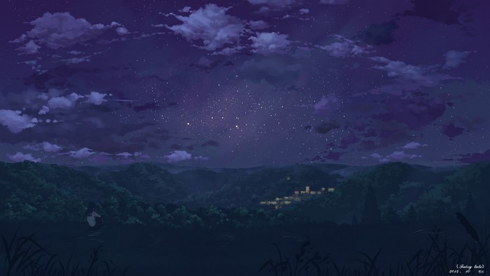 Anime night landscape with stars and a village