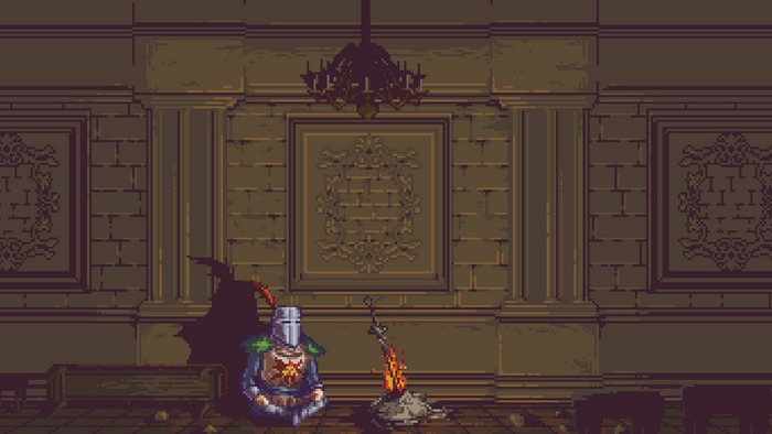 Solaire of Astora from Dark Souls sitting by a bonfire