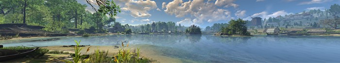 The Witcher 3: Wild Hunt landscape with lake and village