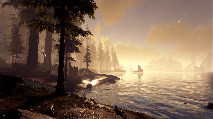 Ark Survival Evolved sunset over lake with forest