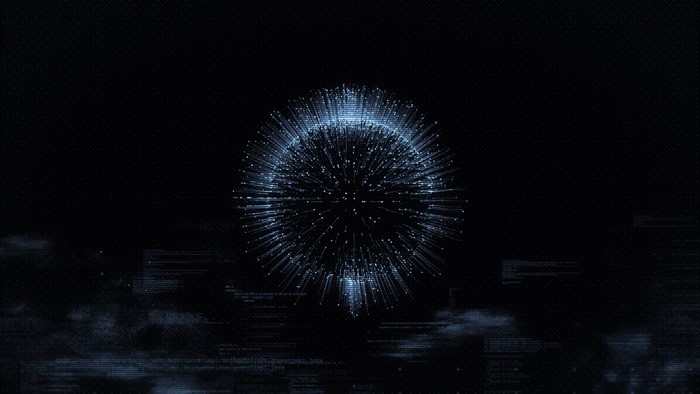Digital sphere with light particles on dark background