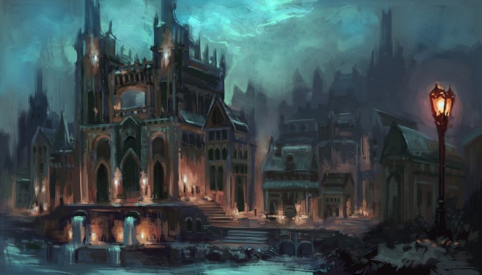 Fantasy city with gothic architecture and a street lamp