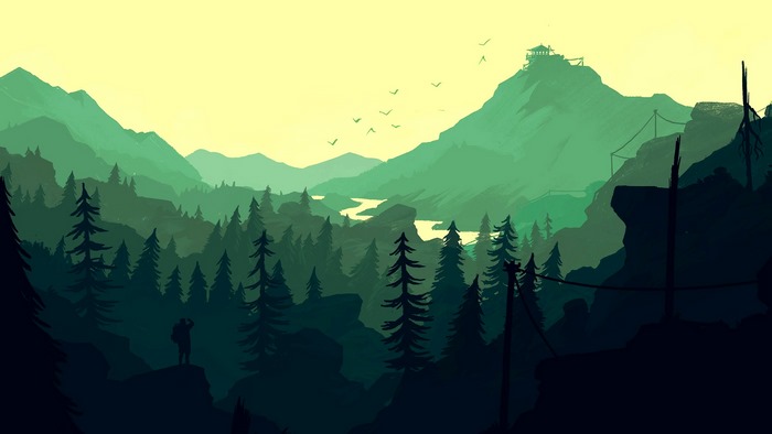 Firewatch video game landscape with mountains and forest