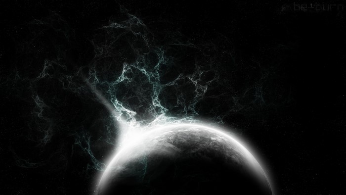 Abstract space nebula with glowing planet