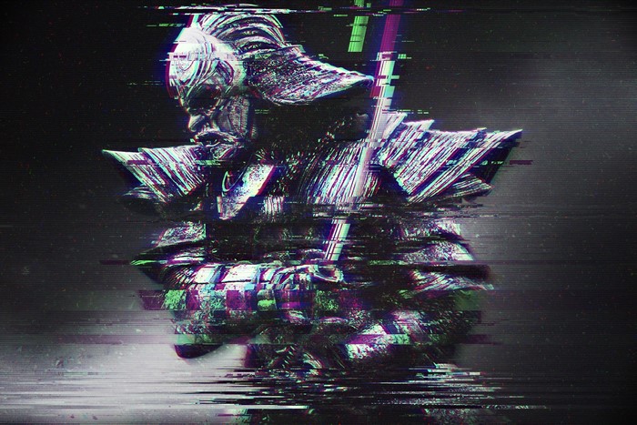 Glitch art samurai with katana