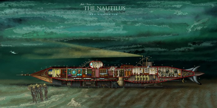Cutaway illustration of Jules Verne's Nautilus submarine