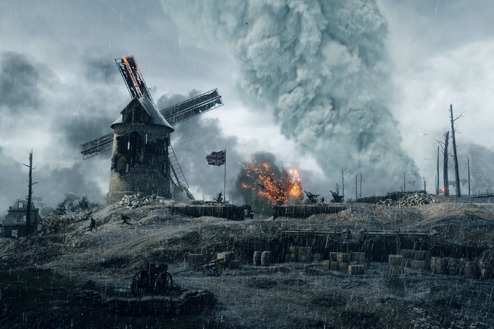 Soldiers on a battlefield with a windmill in Battlefield 1