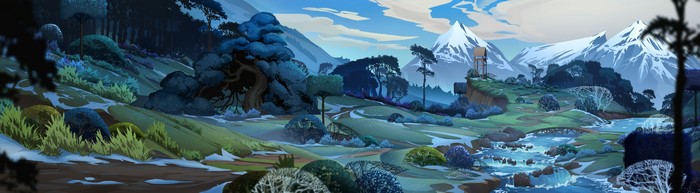 Snowy Mountain River Landscape with Forest