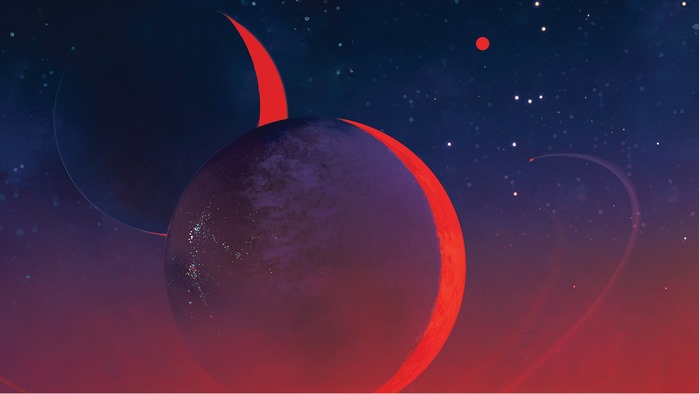 Planets and stars in space with red accents