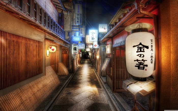 Japanese street with lanterns and signs at night