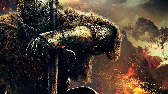 Warrior with sword in front of mountains