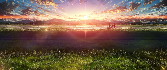 Anime landscape with sunset and people