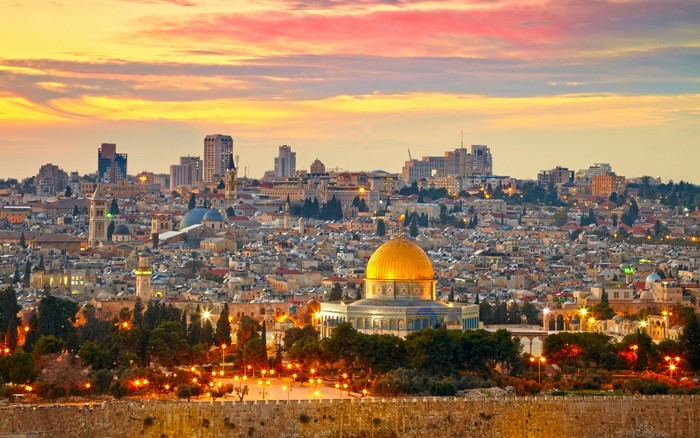 Jerusalem cityscape with Dome of the Rock at sunset