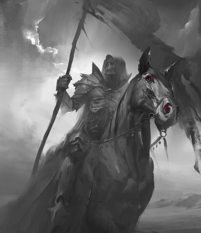 Monochrome drawing of a skeletal horseman with a flag