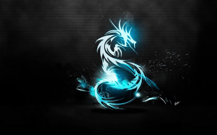 Blue and white dragon logo on black background