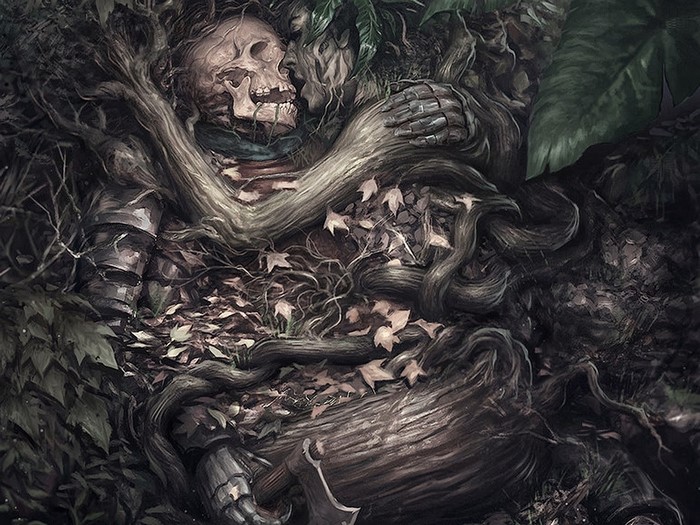 Skeleton knight in armor overgrown by nature